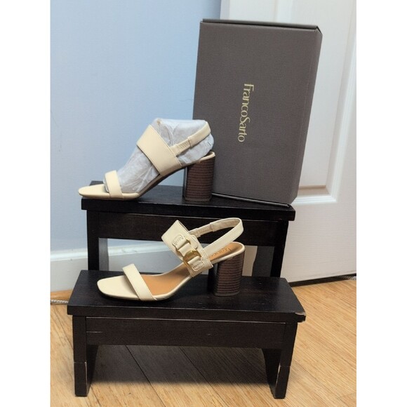 Franco Sarto Shoes - Franco Sarto Omyrah Ivory Block Heel Sandals Slingback Gold Buckle Size 8.5M NIB